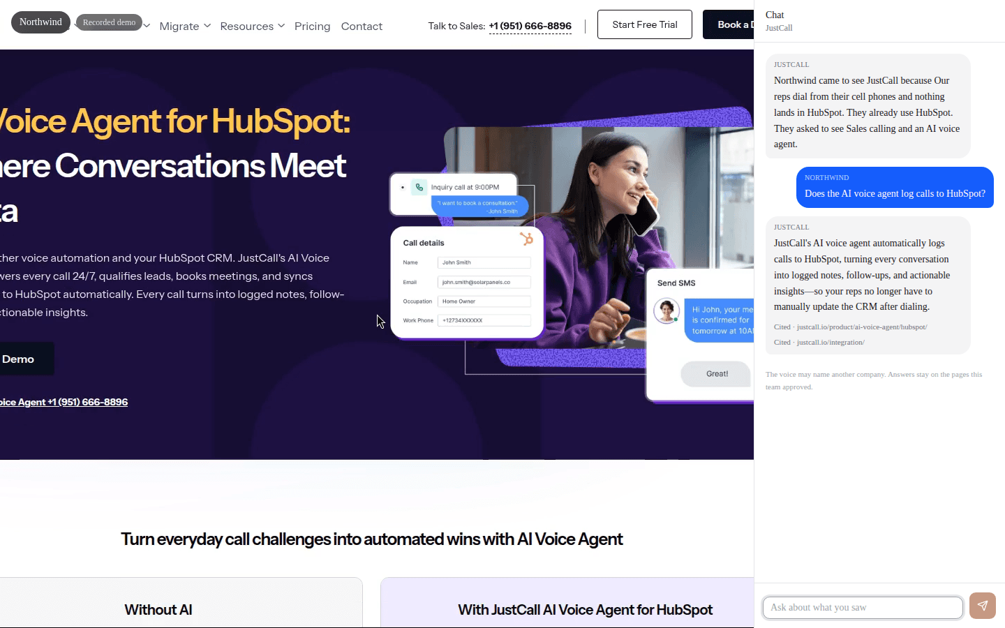 A live demo page answering whether the AI voice agent logs calls to HubSpot, with two JustCall citations